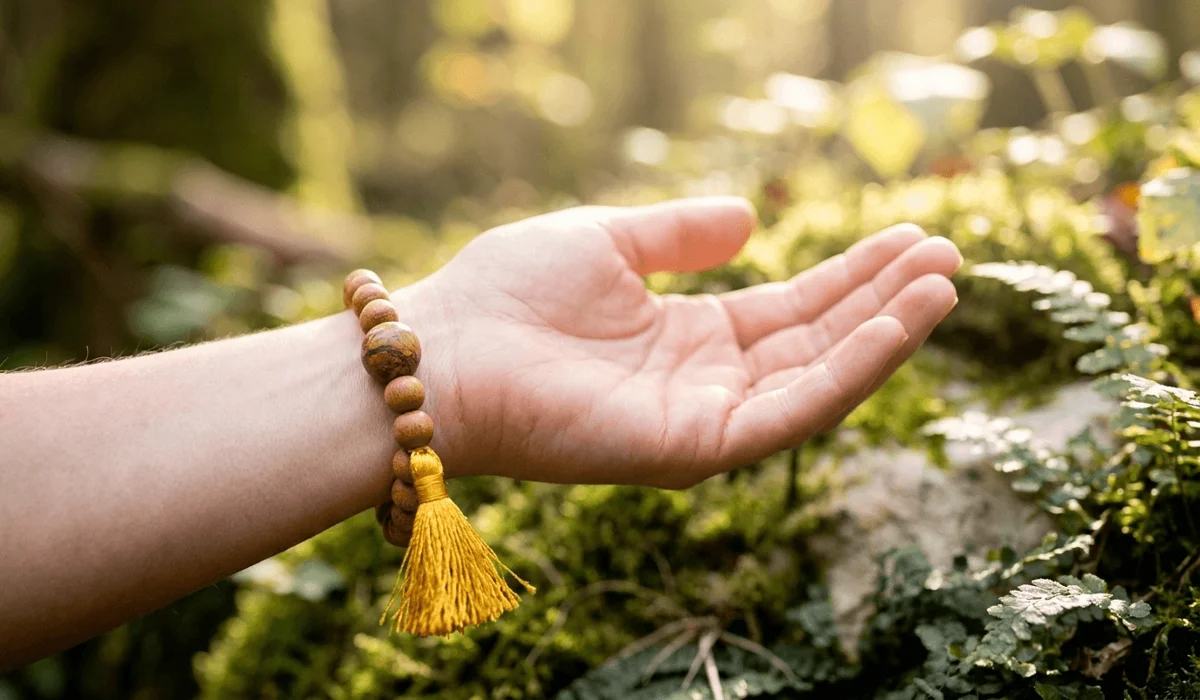 Can Non-Buddhists Wear Mala Bracelets? Meaning, Etiquette, and Respect 4 - Buddha Bodhis Close-up of a wooden mala bracelet worn on the left wrist in a peaceful outdoor setting to receive calm energy.