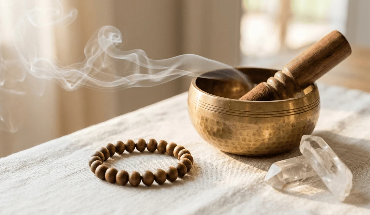 Can Non-Buddhists Wear Mala Bracelets? Meaning, Etiquette, and Respect 6 - Buddha Bodhis A handcrafted wrist mala bracelet placed beside a Tibetan singing bowl and sage smoke for energy cleansing and care.