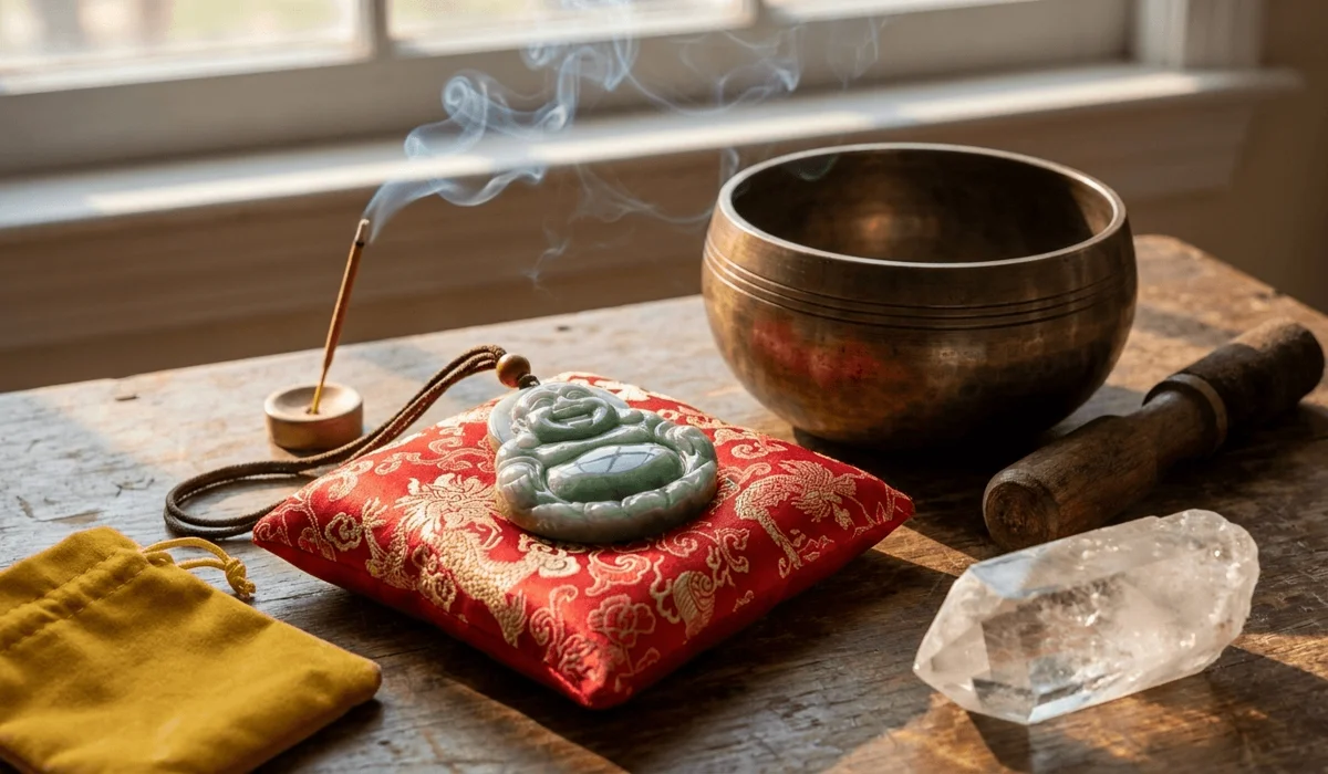 Can Non-Buddhists Wear Buddhist Pendants? Sacred Meaning and Etiquette - Buddha Bodhis Sacred purification tools including a Tibetan singing bowl, sandalwood incense smoke, clear quartz, and jade full-body pendant on red silk.