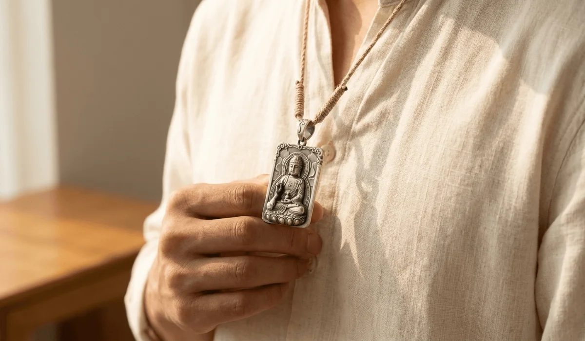 Can Non-Buddhists Wear Buddhist Pendants? Sacred Meaning and Etiquette 1 - Buddha Bodhis Person wearing a full-body silver Buddha pendant correctly positioned above the heart line over clean linen clothing.