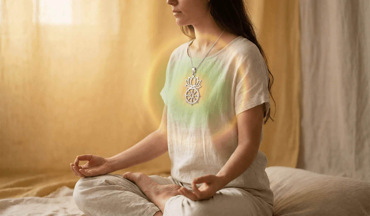 Can Non-Buddhists Wear Buddhist Pendants? Sacred Meaning and Etiquette 3 - Buddha Bodhis Conceptual illustration of heart chakra Anahata energy alignment with a sacred pendant resting over the chest.