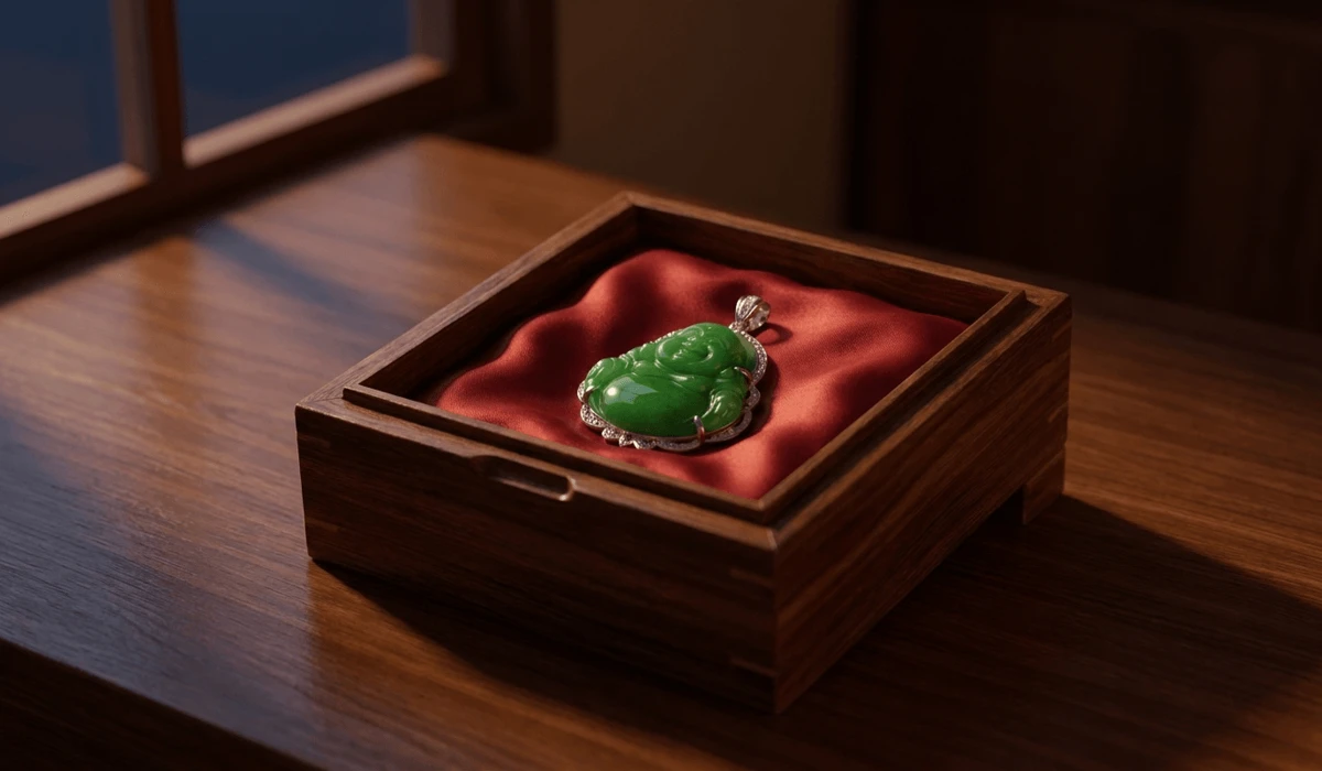 Can Non-Buddhists Wear Buddhist Pendants? Sacred Meaning and Etiquette 4 - Buddha Bodhis Respectful night storage of a sacred Buddhist pendant in an elevated silk-lined wooden box under moonlight.