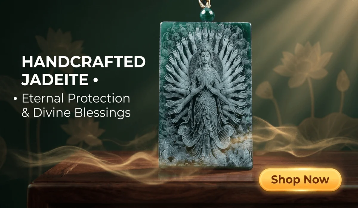 Can Non-Buddhists Wear Buddhist Pendants? Sacred Meaning and Etiquette 2 - Buddha Bodhis Natural Blue Aura Jadeite Thousand-Hand Kwan Yin Pendant for Eternal Protection and Divine Blessings
