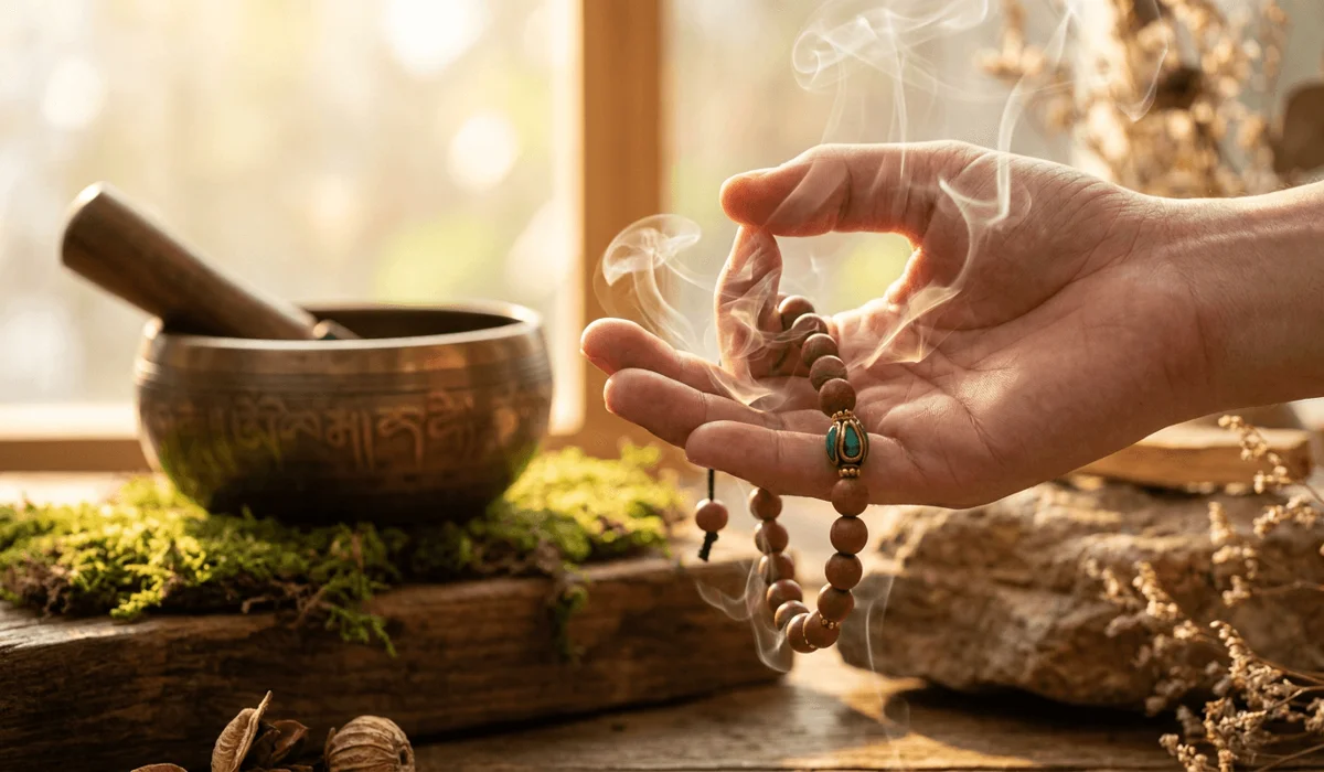 Can You Wear a Sandalwood Bracelet in the Shower? Practical Care Guidelines 2 - Buddha Bodhis Person holding a sacred sandalwood bead bracelet during meditation with wisps of incense smoke for spiritual grounding.