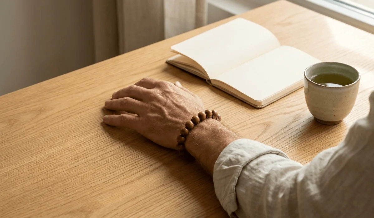 Can You Wear a Sandalwood Bracelet in the Shower? Practical Care Guidelines 3 - Buddha Bodhis Lifestyle view of a person wearing a natural sandalwood bracelet on the left wrist during daily work and mindfulness practice.