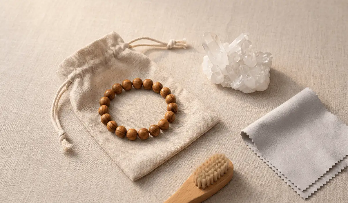 Can You Wear a Sandalwood Bracelet in the Shower? Practical Care Guidelines 4 - Buddha Bodhis Proper sandalwood bracelet storage setup featuring a soft fabric pouch, clear quartz crystal, and dry cloth for cleansing.
