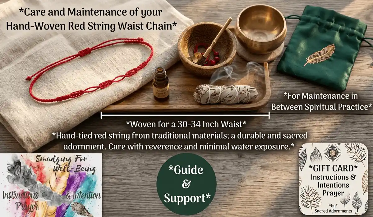 Can You Shower with a Red String Belly Chain? Practical Care & Spiritual Rules 1 - Buddha Bodhis Sacred altar tools for red string belly chain care including white sage, singing bowl, and silk storage pouch