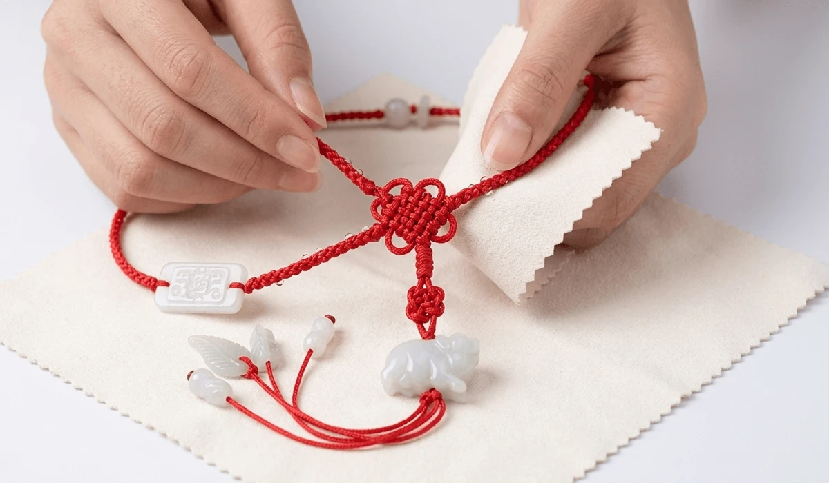 Can You Shower with a Red String Belly Chain? Practical Care & Spiritual Rules 2 - Buddha Bodhis Detailed close-up of drying a water-resistant waxed red string belly chain with a microfiber cloth