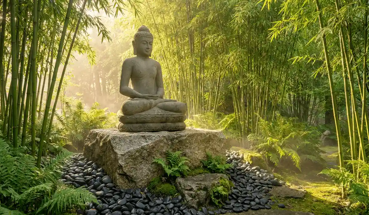 Where to Place a Buddha Statue in Your Garden: Essential Feng Shui Rules - Buddha Bodhis Elevated stone Buddha statue positioned on a granite pedestal in a Feng Shui garden sanctuary surrounded by bamboo and river rocks.