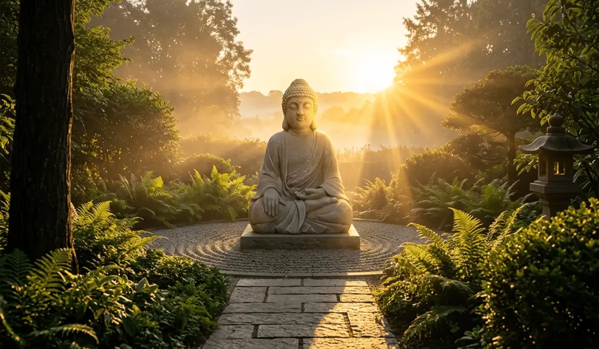 Where to Place a Buddha Statue in Your Garden: Essential Feng Shui Rules 1 - Buddha Bodhis Outdoor garden Buddha statue facing East towards golden sunrise sunlight to invite health, vitality, and spiritual renewal.