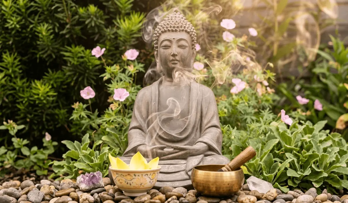 Where to Place a Buddha Statue in Your Garden: Essential Feng Shui Rules 6 - Buddha Bodhis Space clearing and energy activation ritual for a garden Buddha statue using aromatic sage smoke and fresh flower petal offerings.