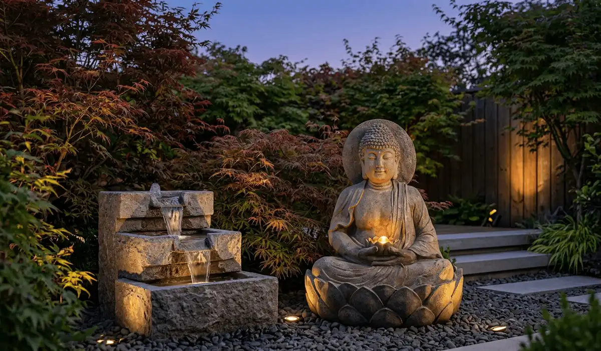 Where to Place a Buddha Statue in Your Garden: Essential Feng Shui Rules 4 - Buddha Bodhis Weatherproof stone Buddha statue illuminated by solar spotlights next to a flowing garden water fountain for Feng Shui element balance.