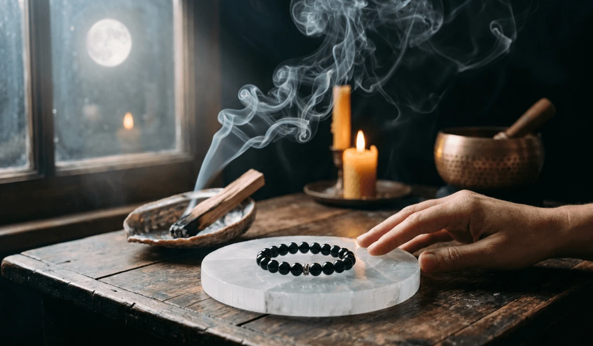 Black Obsidian Wrist Mala: Spiritual Protection, Meaning, and How to Wear 6 - Buddha Bodhis Black obsidian wrist mala placed on a selenite plate being cleansed with sacred smoke under moonlight.