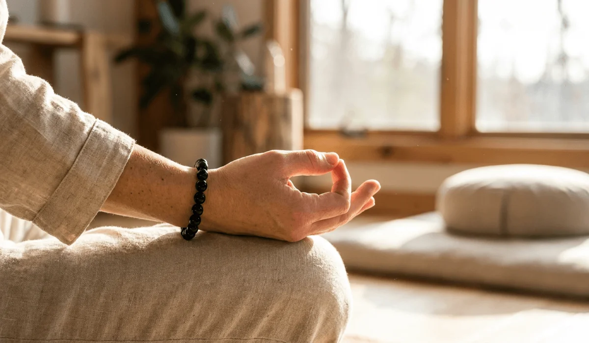 Black Obsidian Wrist Mala: Spiritual Protection, Meaning, and How to Wear 1 - Buddha Bodhis Person wearing a black obsidian wrist mala on the left wrist during meditation for energy absorbing and spiritual protection.