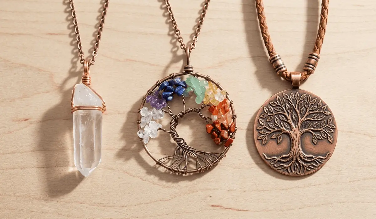 The 7 Chakra Tree of Life Pendant: Meaning, Symbolism, and Spiritual Balance 5 - Buddha Bodhis Product comparison layout showing a 7 Chakra Tree of Life pendant, a single-stone crystal necklace, and a metal tree amulet.