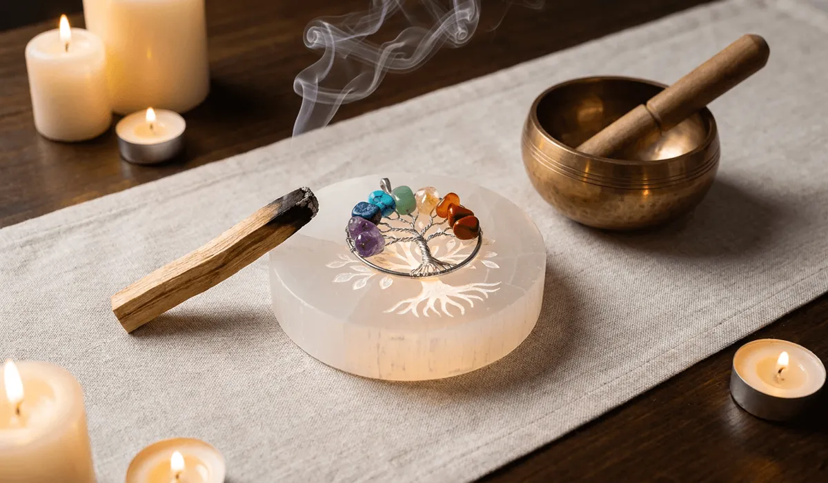 The 7 Chakra Tree of Life Pendant: Meaning, Symbolism, and Spiritual Balance 6 - Buddha Bodhis Cleansing ritual featuring a 7 Chakra Tree of Life pendant resting on a Selenite charging plate with Palo Santo smoke.