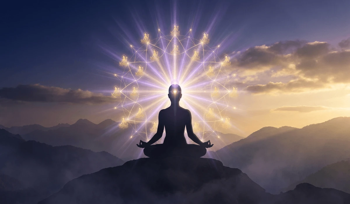 21-Eye Dzi Bead Meaning: Spiritual Benefits and Symbolism 3 - Buddha Bodhis Meditating silhouette against Himalayan mountains with subtle golden and violet light aura representing 21 eye dzi bead chakra symbolism