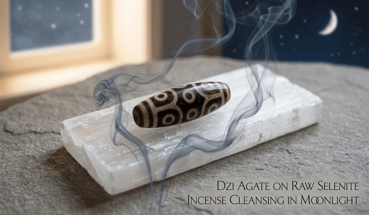 21-Eye Dzi Bead Meaning: Spiritual Benefits and Symbolism 8 - Buddha Bodhis Cleansing a 21 eye dzi bead on a selenite crystal charging plate with burning incense smoke under moonlight