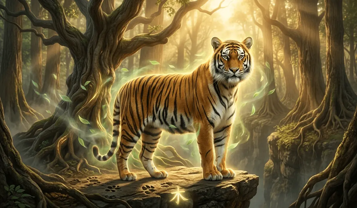 The Chinese Zodiac Tiger: Spiritual Meaning, Traits, and Guardian Buddha Akasagarbha - Buddha Bodhis Majestic Chinese Zodiac Tiger standing next to an ancient Yang Wood tree in early spring sunrise, representing strength and Wood element.