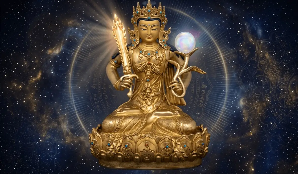 The Chinese Zodiac Tiger: Spiritual Meaning, Traits, and Guardian Buddha Akasagarbha 3 - Buddha Bodhis Akasagarbha Bodhisattva seated on a golden lotus holding a flaming wisdom sword and Cintamani jewel, cosmic Guardian Buddha of the Tiger sign.