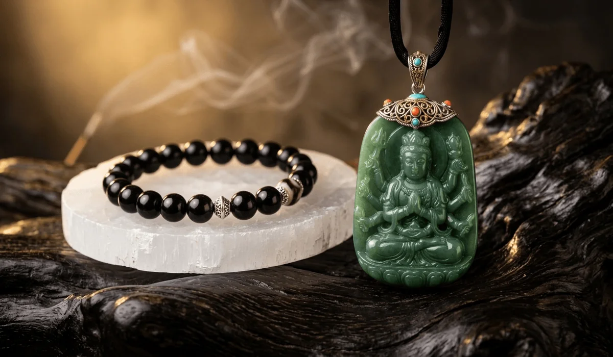 The Chinese Zodiac Tiger: Spiritual Meaning, Traits, and Guardian Buddha Akasagarbha 6 - Buddha Bodhis Carved Green Hetian Jade Akasagarbha pendant necklace and natural Black Obsidian bracelet on selenite slab for Feng Shui protection.