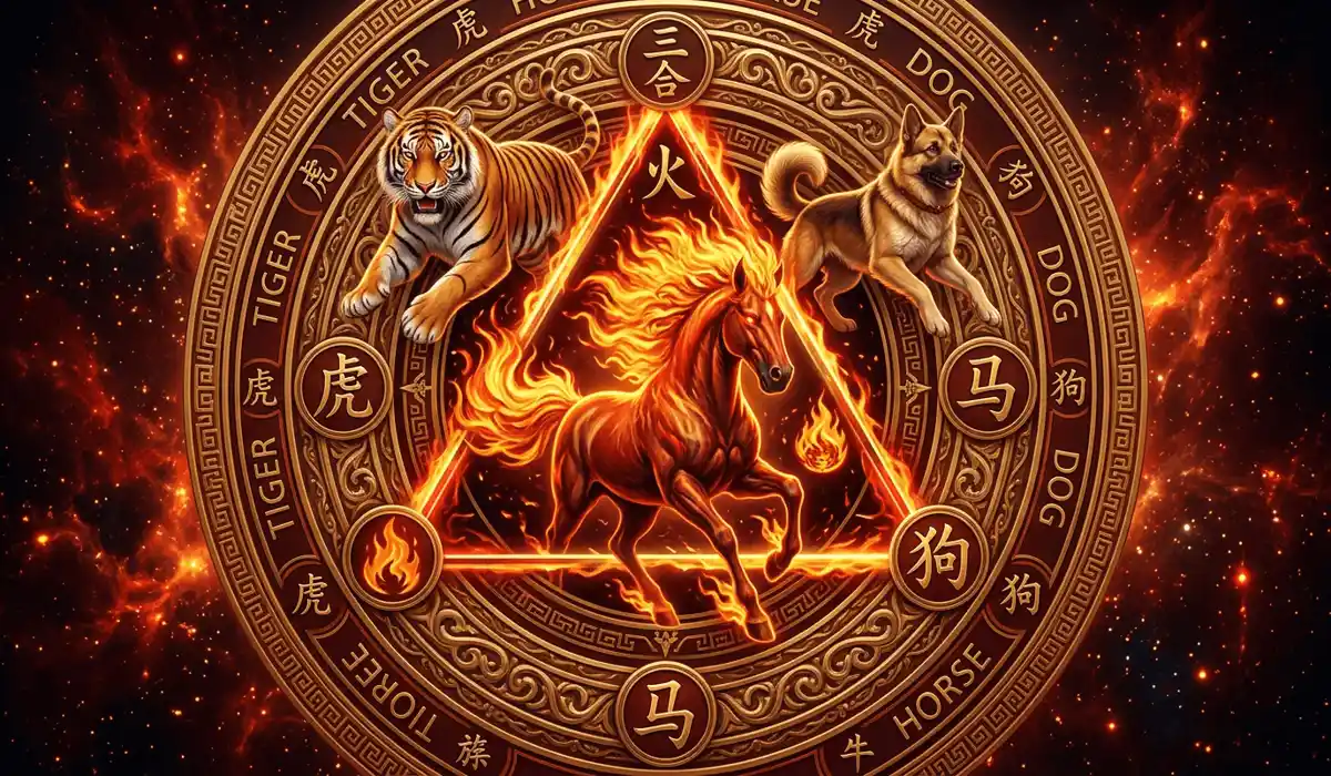 The Chinese Zodiac Tiger: Spiritual Meaning, Traits, and Guardian Buddha Akasagarbha 4 - Buddha Bodhis Chinese Zodiac San He Fire Trinity diagram depicting the Tiger, Fire Horse, and Dog with glowing elemental fire energy.