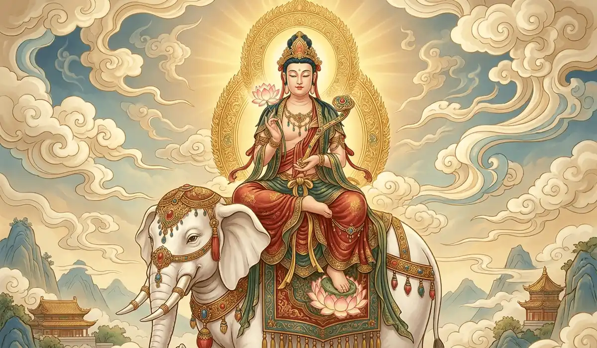The Guardian Buddha of the Snake Zodiac: Samantabhadra's Meaning and Spiritual Power 2 - Buddha Bodhis Bodhisattva Samantabhadra riding a six-tusked white elephant, the Guardian Buddha for the Snake zodiac.