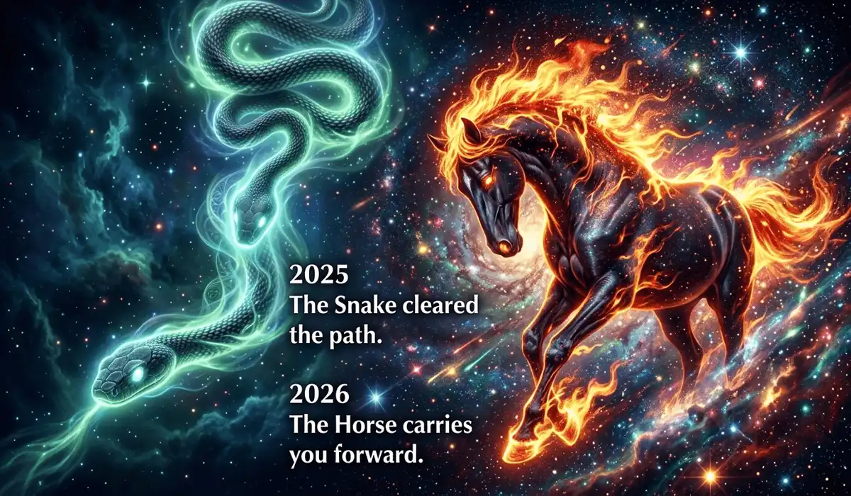 The Guardian Buddha of the Snake Zodiac: Samantabhadra's Meaning and Spiritual Power 5 - Buddha Bodhis Visual representation of the energetic transition between the 2026 Fire Horse year and the Snake zodiac spirit.