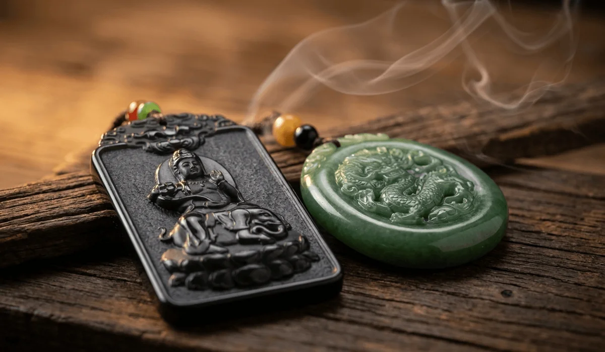The Guardian Buddha of the Snake Zodiac: Samantabhadra's Meaning and Spiritual Power 6 - Buddha Bodhis Carved black obsidian Samantabhadra pendant and green jade amulet used as Feng Shui remedies for protection.