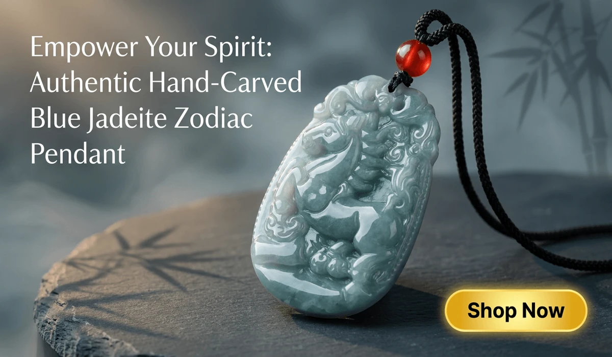 The Guardian Buddha of the Snake Zodiac: Samantabhadra's Meaning and Spiritual Power 1 - Buddha Bodhis Natural Blue Aura Jadeite 12 Chinese Zodiac Horse Pendant featuring hand-carved jade jewelry with Shop Now button