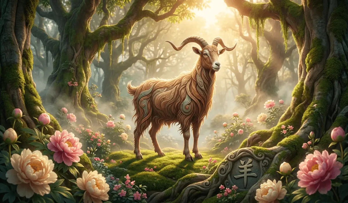 The Spiritual Symbolism of the Zodiac Goat and Guardian Buddha Vairocana - Buddha Bodhis Artistic depiction of the Chinese Zodiac Goat standing in a tranquil Yin Earth garden symbolizing peace and compassion