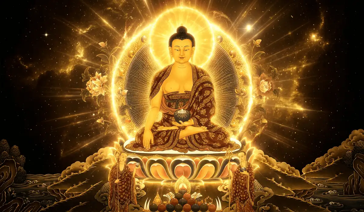 The Spiritual Symbolism of the Zodiac Goat and Guardian Buddha Vairocana 1 - Buddha Bodhis Radiant depiction of Guardian Buddha Vairocana seated on a lotus throne emitting cosmic solar light