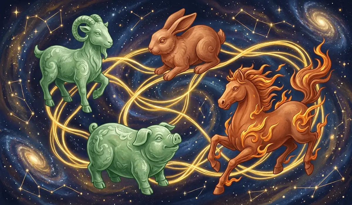 The Spiritual Symbolism of the Zodiac Goat and Guardian Buddha Vairocana 4 - Buddha Bodhis Symbolic representation of Chinese zodiac compatibility featuring the Goat with San He allies Rabbit and Pig and Liu He friend Horse
