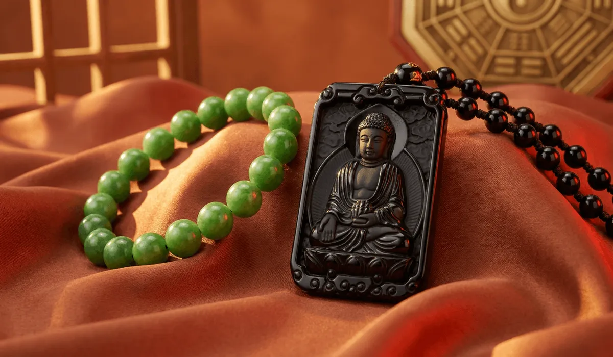 The Spiritual Symbolism of the Zodiac Goat and Guardian Buddha Vairocana 6 - Buddha Bodhis Carved Black Obsidian Vairocana Buddha pendant and Jade zodiac jewelry laid on terracotta silk