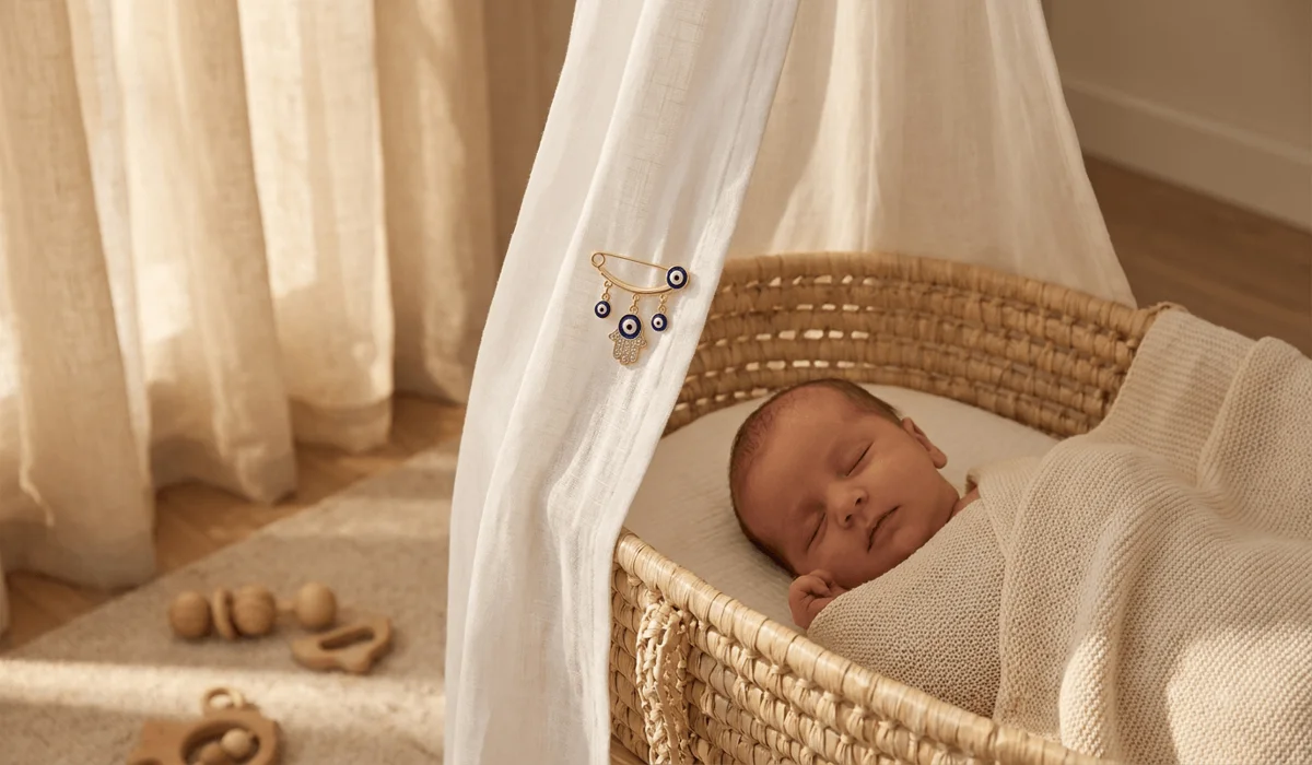Why an Evil Eye Pin Makes a Meaningful Gift for a New Mother - Buddha Bodhis 18K gold Evil Eye protective pin attached to a nursery bassinet canopy for newborn spiritual protection and peace of mind