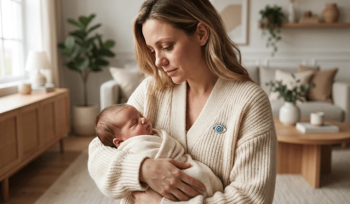 Why an Evil Eye Pin Makes a Meaningful Gift for a New Mother 4 - Buddha Bodhis Modern mother wearing a sterling silver Evil Eye pin on a cashmere cardigan while holding her newborn baby