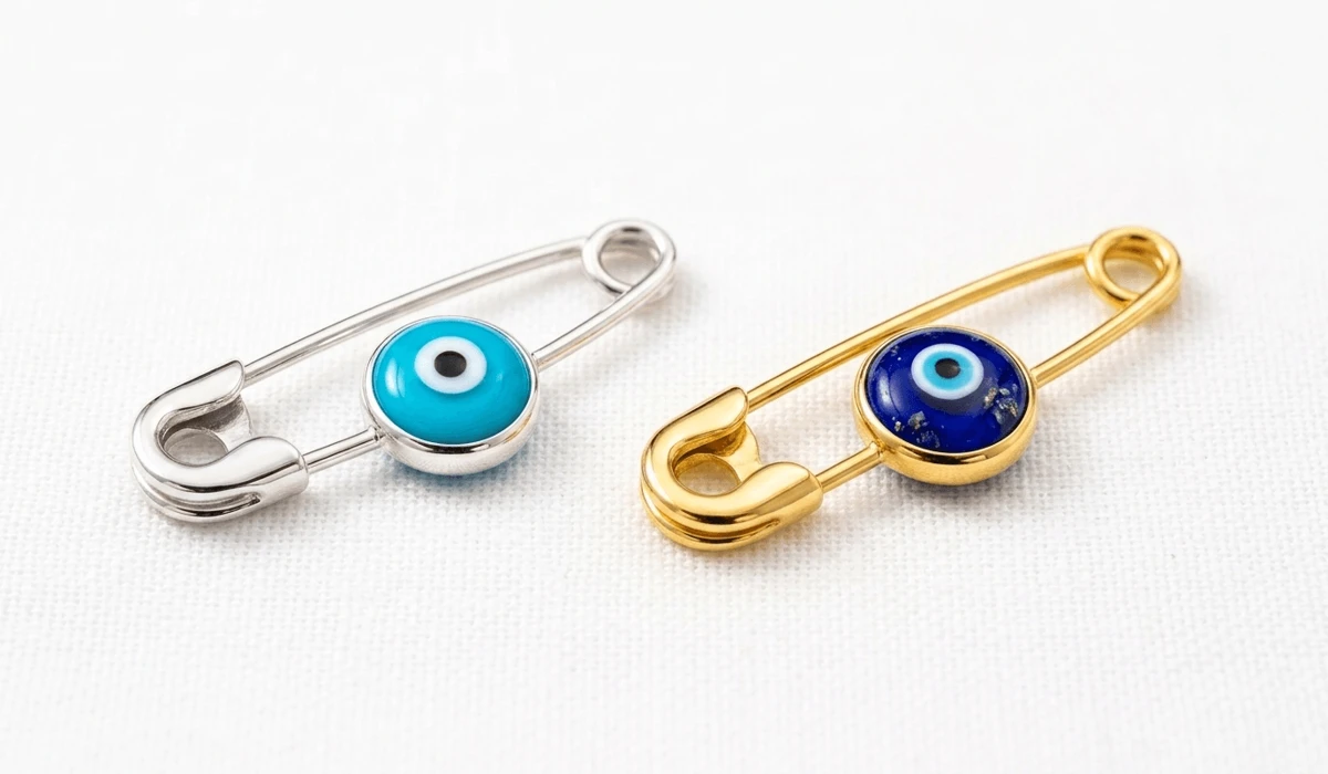 Why an Evil Eye Pin Makes a Meaningful Gift for a New Mother 1 - Buddha Bodhis Comparison of 925 sterling silver and 18K gold plated Evil Eye safety pins showing fine enamel craftsmanship and secure locking clasp