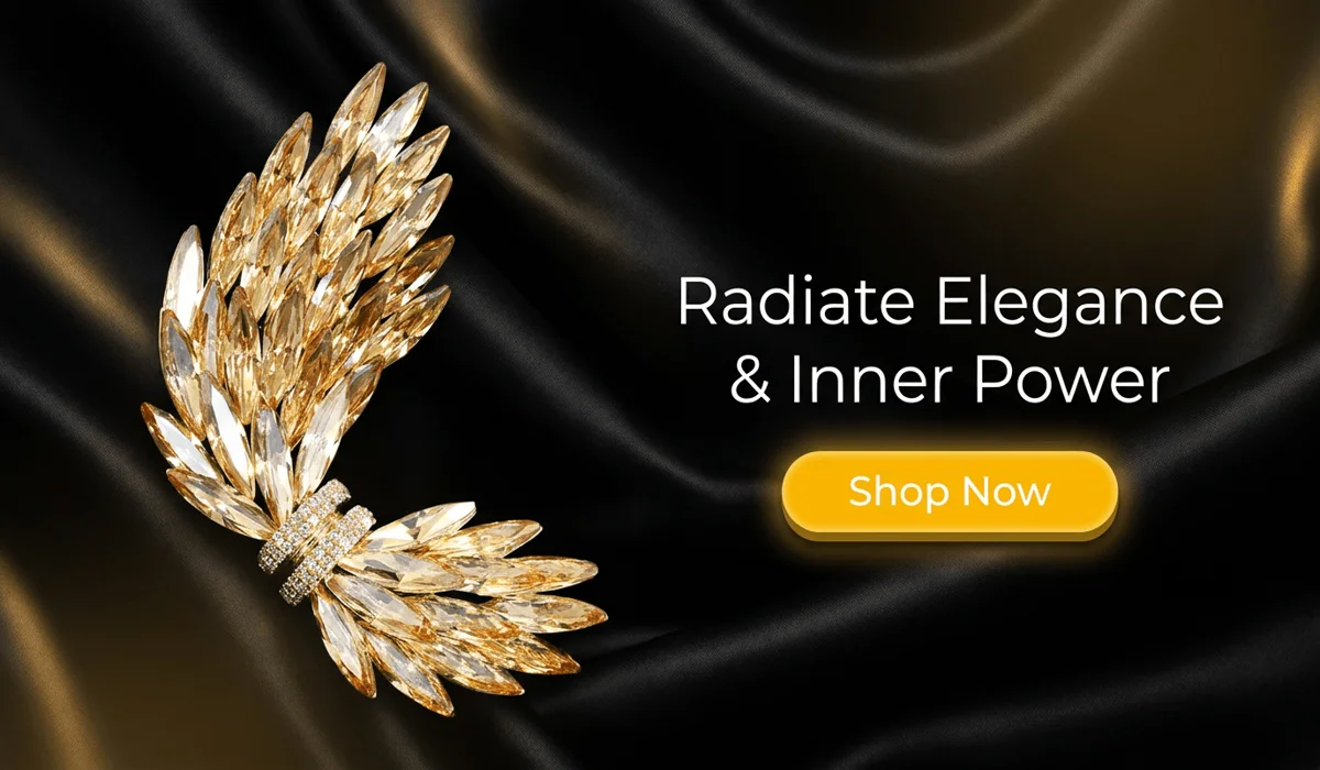 Why an Evil Eye Pin Makes a Meaningful Gift for a New Mother 3 - Buddha Bodhis Golden Wing Austrian Crystal Brooch luxury blog banner with Shop Now button