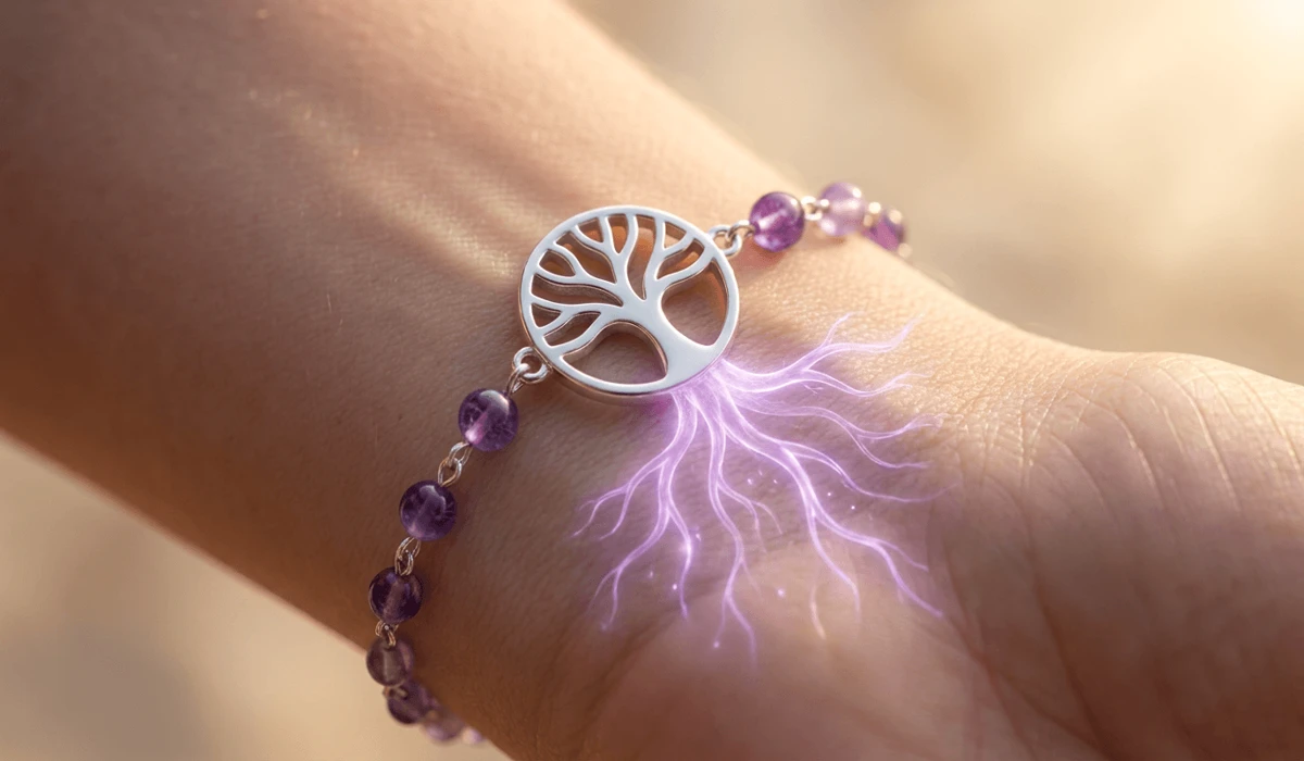 Which Hand Should You Wear a Tree of Life Bracelet On? Left vs. Right Wrist Meaning 3 - Buddha Bodhis Close-up of a Tree of Life bracelet worn on the left wrist absorbing receptive Yin energy and spiritual grounding.