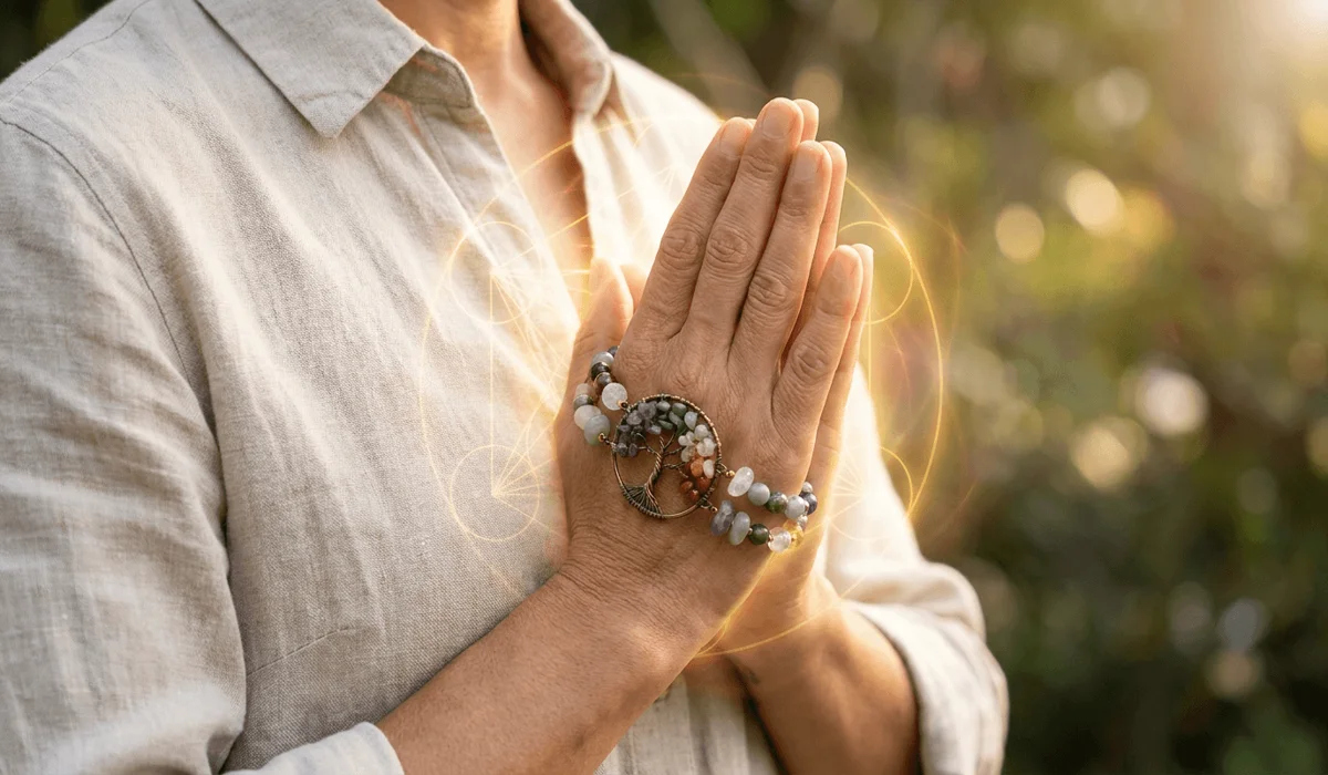Which Hand Should You Wear a Tree of Life Bracelet On? Left vs. Right Wrist Meaning 4 - Buddha Bodhis Person activating a Tree of Life bracelet by holding it between hands in prayer position during heart-centered meditation.