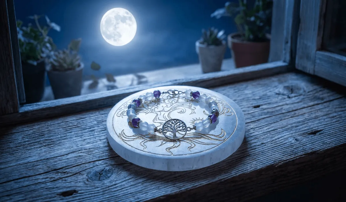 Which Hand Should You Wear a Tree of Life Bracelet On? Left vs. Right Wrist Meaning 6 - Buddha Bodhis Tree of Life bracelet resting on a selenite charging plate under full moonlight on a windowsill for spiritual recharging.