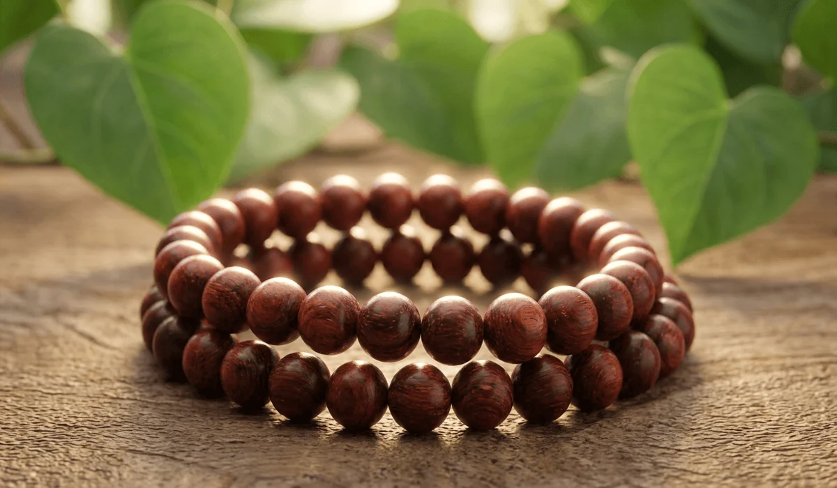 Which Hand Should You Wear a Rosewood Bracelet On? (Left vs. Right Wrist) - Buddha Bodhis Close-up of a polished reddish-brown rosewood bead bracelet resting on a wooden surface surrounded by lush foliage, highlighting Heart Chakra resonance.