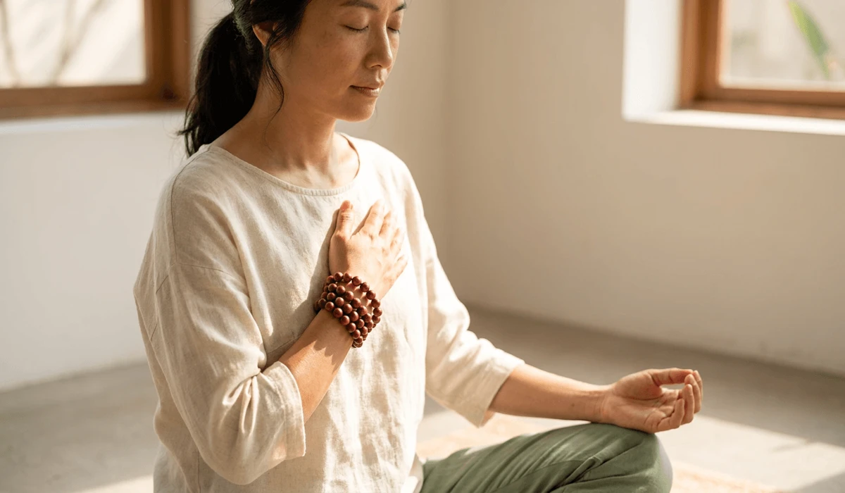 Which Hand Should You Wear a Rosewood Bracelet On? (Left vs. Right Wrist) 2 - Buddha Bodhis Person meditating peacefully while wearing a rosewood bracelet on the left wrist to receive nurturing energy into the Heart Chakra.
