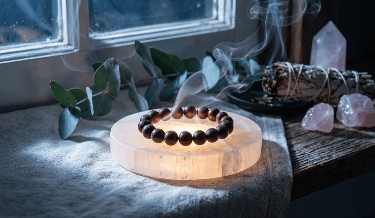 Which Hand Should You Wear a Rosewood Bracelet On? (Left vs. Right Wrist) 4 - Buddha Bodhis Rosewood bracelet resting on a white selenite plate undergoing a smoke cleansing ritual with white sage in soft moonlight.