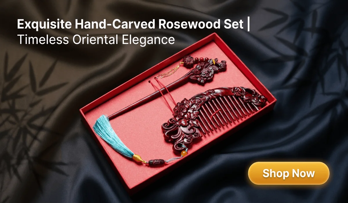 Which Hand Should You Wear a Rosewood Bracelet On? (Left vs. Right Wrist) 1 - Buddha Bodhis Hand-Carved Rosewood Hairpin and Peony Comb Gift Set with Cyan Tassel displayed in a luxury oriental setting with Shop Now button.