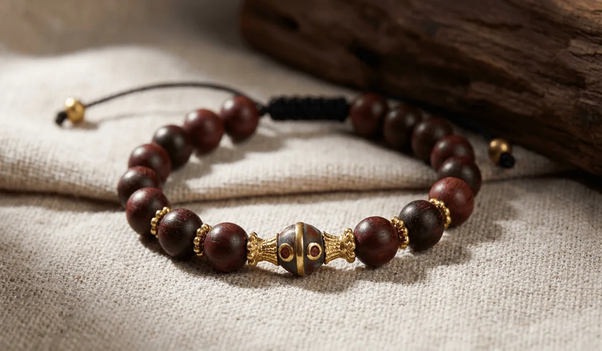 Which Hand Should You Wear a Rosewood Bracelet On? - Buddha Bodhis Authentic handcrafted dark reddish-brown rosewood bead bracelet on organic linen cloth