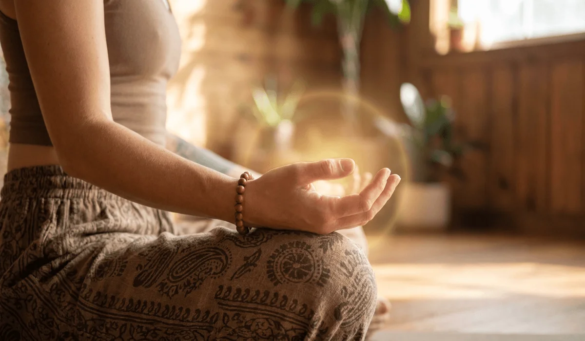 Which Hand Should You Wear a Rosewood Bracelet On? 1 - Buddha Bodhis Person wearing a rosewood bracelet on the left wrist during meditation for heart chakra receiving energy
