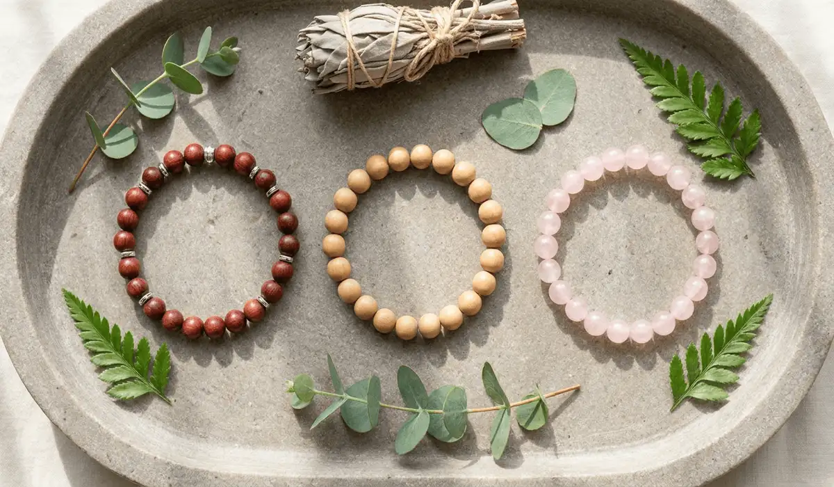 Which Hand Should You Wear a Rosewood Bracelet On? 3 - Buddha Bodhis Flat lay comparison of a rosewood bracelet alongside rose quartz and sandalwood bracelets