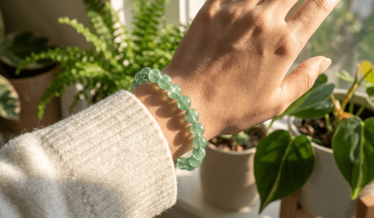 Which Hand Should You Wear a Green Aventurine Bracelet On? - Buddha Bodhis A person wearing a polished green aventurine bead bracelet on their left wrist to absorb luck and positive energy.