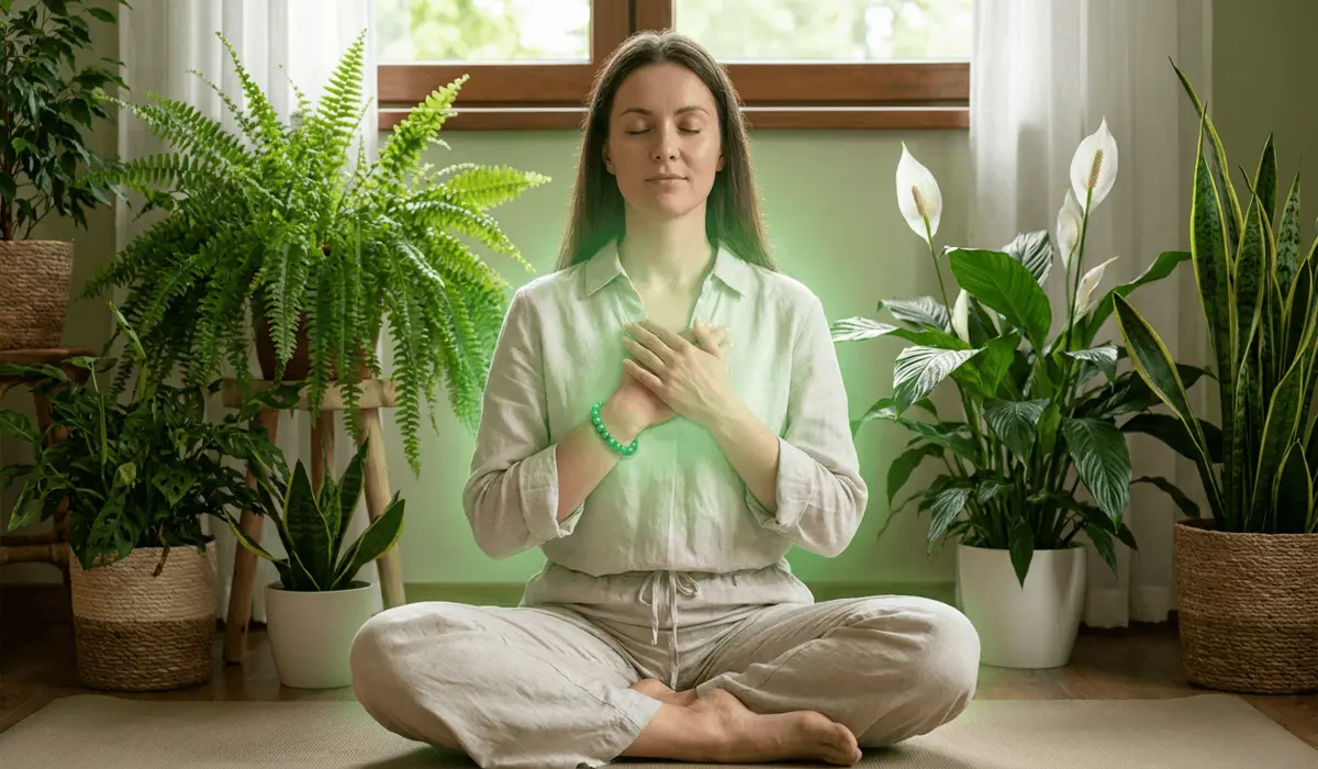 Which Hand Should You Wear a Green Aventurine Bracelet On? 2 - Buddha Bodhis Woman meditating while wearing a green aventurine bracelet aligned with her heart chakra for emotional healing.